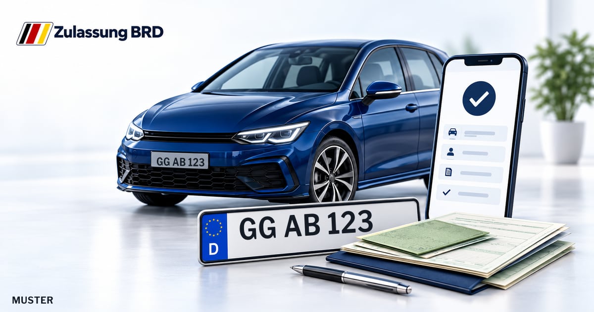 Online Fahrzeugzulassung in Stockstadt am Rhein: Musterkennzeichen GG AB 123, Auto und Fahrzeugpapiere und Smartphone. Illustration mit Logo von Zulassung BRD.